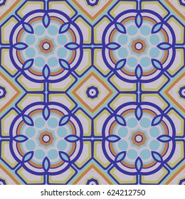 Abstract seamless backdrop. Design for prints, textile, decor, fabric. Round colorful texture in blue, yellow and orange colors