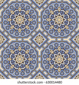 Abstract seamless backdrop. Design for prints, textile, decor, fabric. Round colorful texture in blue and brown colors