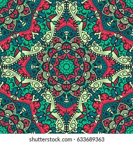 Abstract seamless backdrop. Design for prints, textile, decor, fabric. Round colorful texture in green, blue and red colors. Mandala background