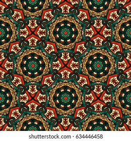 Abstract seamless backdrop. Design for prints, textile, decor, fabric. Round colorful texture in green, beige and red colors. Mandala background