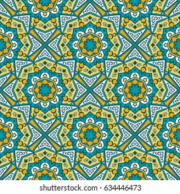Abstract seamless backdrop. Design for prints, textile, decor, fabric. Round colorful texture in blue and yellow colors. Mandala background