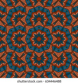 Abstract seamless backdrop. Design for prints, textile, decor, fabric. Round colorful texture in blue and brown colors. Mandala background