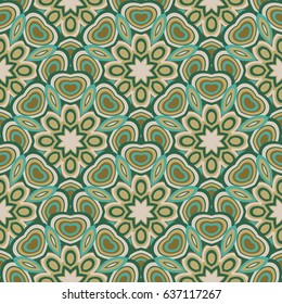 Abstract seamless backdrop. Design for prints, textile, decor, fabric. Round colorful endless texture in green and beige colors