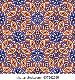 Abstract seamless backdrop. Design for prints, textile, decor, fabric. Round colorful endless texture in blue, white and orange colors