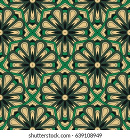 Abstract seamless backdrop. Design for prints, textile, decor, fabric. Round colorful endless texture in green, black and beige colors