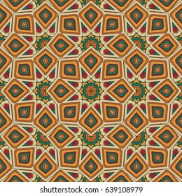 Abstract seamless backdrop. Design for prints, textile, decor, fabric. Round colorful endless texture in brown, green and yellow colors