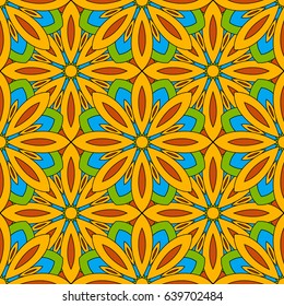Abstract seamless backdrop. Design for prints, textile, decor, fabric. Round colorful endless texture in orange, green, blue and yellow colors