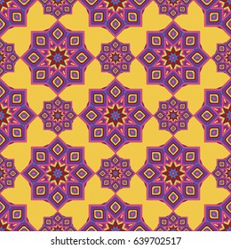 Abstract seamless backdrop. Design for prints, textile, decor, fabric. Round colorful endless texture in violet, pink and yellow colors