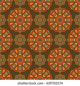 Abstract seamless backdrop. Design for prints, textile, decor, fabric. Round colorful endless texture in brown, orange, blue and yellow colors