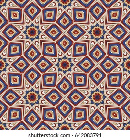 Abstract seamless backdrop. Design for prints, textile, decor, fabric. Round colorful endless texture in red, blue and beige colors