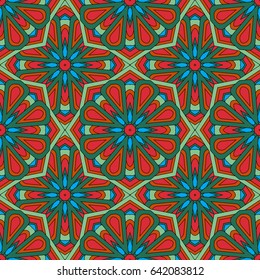 Abstract seamless backdrop. Design for prints, textile, decor, fabric. Round colorful endless texture in orange, green and red colors