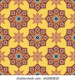 Abstract seamless backdrop. Design for prints, textile, decor, fabric. Round colorful endless texture in orange, white, blue and yellow colors