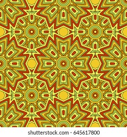 Abstract seamless backdrop. Design for prints, textile, fabric. Round colorful endless texture in red and yellow colors