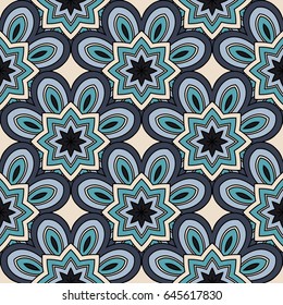Abstract seamless backdrop. Design for prints, textile, decor, fabric. Round colorful endless texture in black, blue and white colors