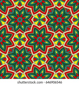 Abstract seamless backdrop. Design for prints, textile, decor, fabric. Round colorful endless texture in red, green and yellow colors