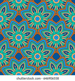 Abstract seamless backdrop. Design for prints, textile, decor, fabric. Round colorful endless texture in blue and orange colors. Flower pattern