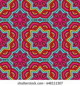 Abstract seamless backdrop. Design for prints, textile, decor, fabric. Round colorful endless texture in red, blue and pink colors