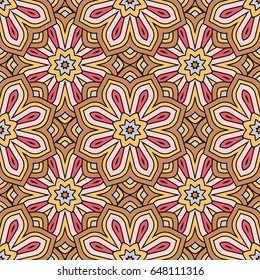 Abstract seamless backdrop. Design for prints, textile, decor, fabric. Round colorful endless texture in red, yellow and rose colors