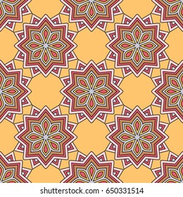 Abstract seamless backdrop. Design for prints, textile, decor, fabric. Round colorful endless texture in red, blue, yellow and white colors
