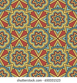 Abstract seamless backdrop. Design for prints, textile, decor, fabric. Round colorful endless texture in brown, blue and yellow colors