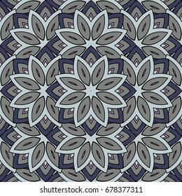 Abstract seamless backdrop. Design for prints, textile, decor, fabric. Round colorful texture in blue and grey colors. Mandala background
