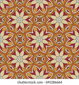 Abstract seamless backdrop. Design for prints, textile, decor, fabric. Round colorful texture in yellow, red and white colors. Mandala background