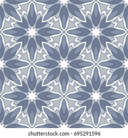 Abstract seamless backdrop. Design for prints, textile, decor, fabric. Round colorful texture in white, blue and gray colors. Mandala background