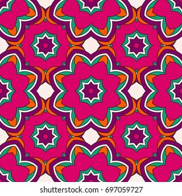 Abstract seamless backdrop. Design for prints, textile, decor, fabric. Round colorful texture in pink, yellow and white colors. Mandala background