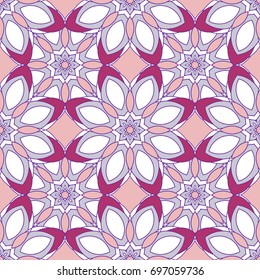 Abstract seamless backdrop. Design for prints, textile, decor, fabric. Round colorful texture in light pink color. Mandala background
