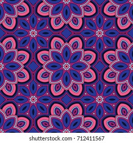 Abstract seamless backdrop. Design for prints, textile, fabric. Round colorful texture in blue and pink colors. Mandala background