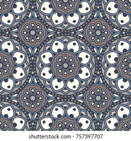 Abstract seamless backdrop. Design for prints, textile, decor, fabric. Round colorful texture in blue, brown and white colors. Mandala background