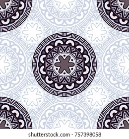 Abstract seamless backdrop. Design for prints, textile, decor, fabric. Round colorful texture in lilac, blue and white colors. Mandala background