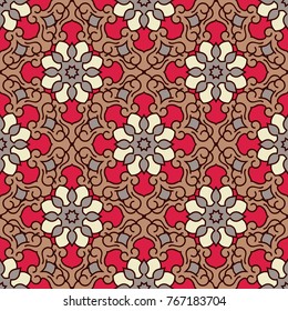Abstrakte nahtlose Hintergrund. Design für Drucke, Textilien, Dekor, Stoff. Rundfarbige Struktur in Rot-Braun-Farben. Mandala-Hintergrund