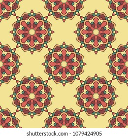 Abstract seamless backdrop. Round colorful texture in green, red and yellow colors. Mandala background