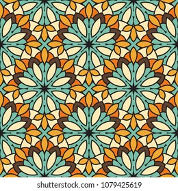 Abstract seamless backdrop. Round colorful texture in yellow, blue and brown colors. Mandala background