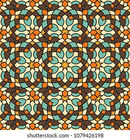 Abstract seamless backdrop. Round colorful texture in brown, blue and yellow colors. Mandala background