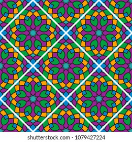 Abstract seamless backdrop. Round colorful texture in green, violet and yellow colors. Mandala background