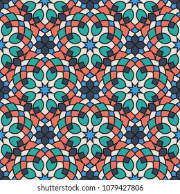 Abstract seamless backdrop. Round colorful texture in red, blue and white colors. Mandala background