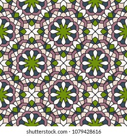 Abstract seamless backdrop. Round colorful texture in green, lilac and white colors. Mandala background