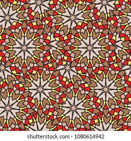 Abstract seamless backdrop. Round colorful texture in soft brown, red and yellow colors. Mandala background