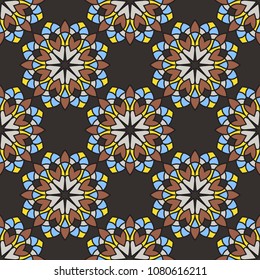 Abstract seamless backdrop. Round colorful texture in brown, blue and yellow colors. Mandala background