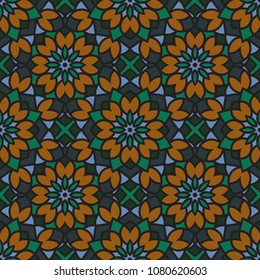 Abstract seamless backdrop. Round colorful texture in green, blue and golden colors. Mandala background