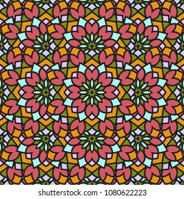 Abstract seamless backdrop. Round colorful texture in green, red and yellow colors. Mandala background