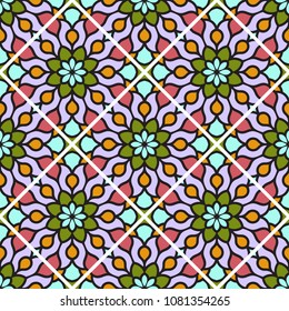Abstract seamless backdrop. Round colorful texture in rose, green and blue colors. Mandala background