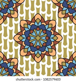 Abstract seamless backdrop. Round colorful texture in brown, blue and white colors. Mandala background