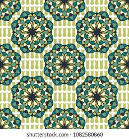 Abstract seamless backdrop. Round colorful texture in green and white colors. Mandala background
