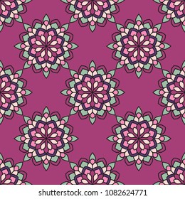 Abstract seamless backdrop. Round colorful texture in green, rose and violet colors. Mandala background