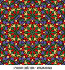 Abstract seamless backdrop. Round colorful texture in green, violet, red  and blue colors. Mandala background