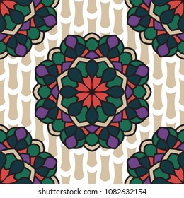 Abstract seamless backdrop. Round colorful texture in green, violet, beige  and white colors. Mandala background