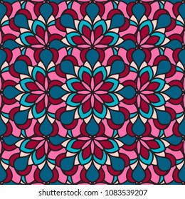 Abstract seamless backdrop. Round colorful texture in red, pink and blue colors. Mandala background